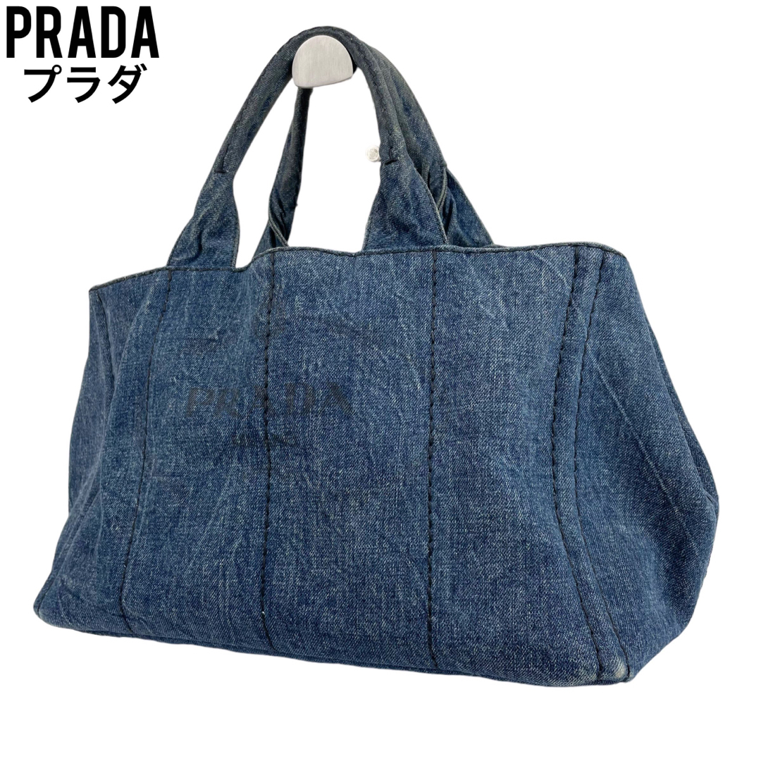 ✨良品　PRADA プラダ　ハンドバッグ　カナパ　デニム　キャンバス　白タグ | フリマアプリ ラクマ