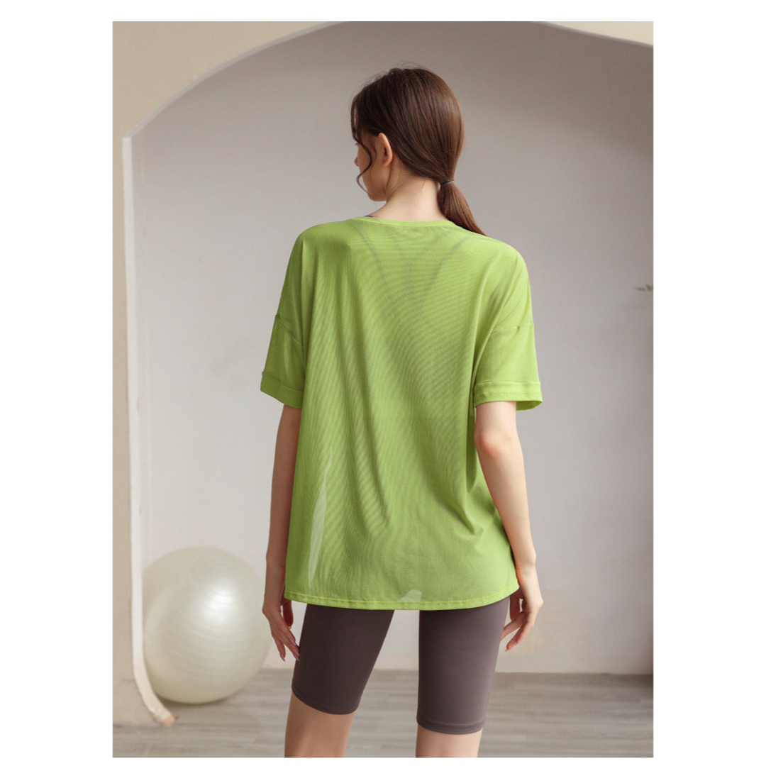 ボルドーFサイズ シースルー体型カバーメッシュ半袖トップス ヨガウェア Tシャツ レディースのトップス(Tシャツ(半袖/袖なし))の商品写真