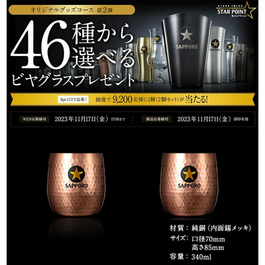 サッポロ生ビール黒ラベル キャンペーン No.33 純銅ビヤグラス 2個
