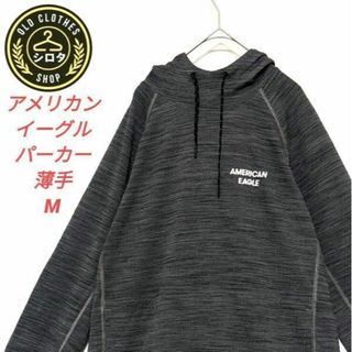 アメリカンイーグル(American Eagle)の古着 パーカー アメリカンイーグル 薄手 プリント グレー ロゴ 美品(パーカー)