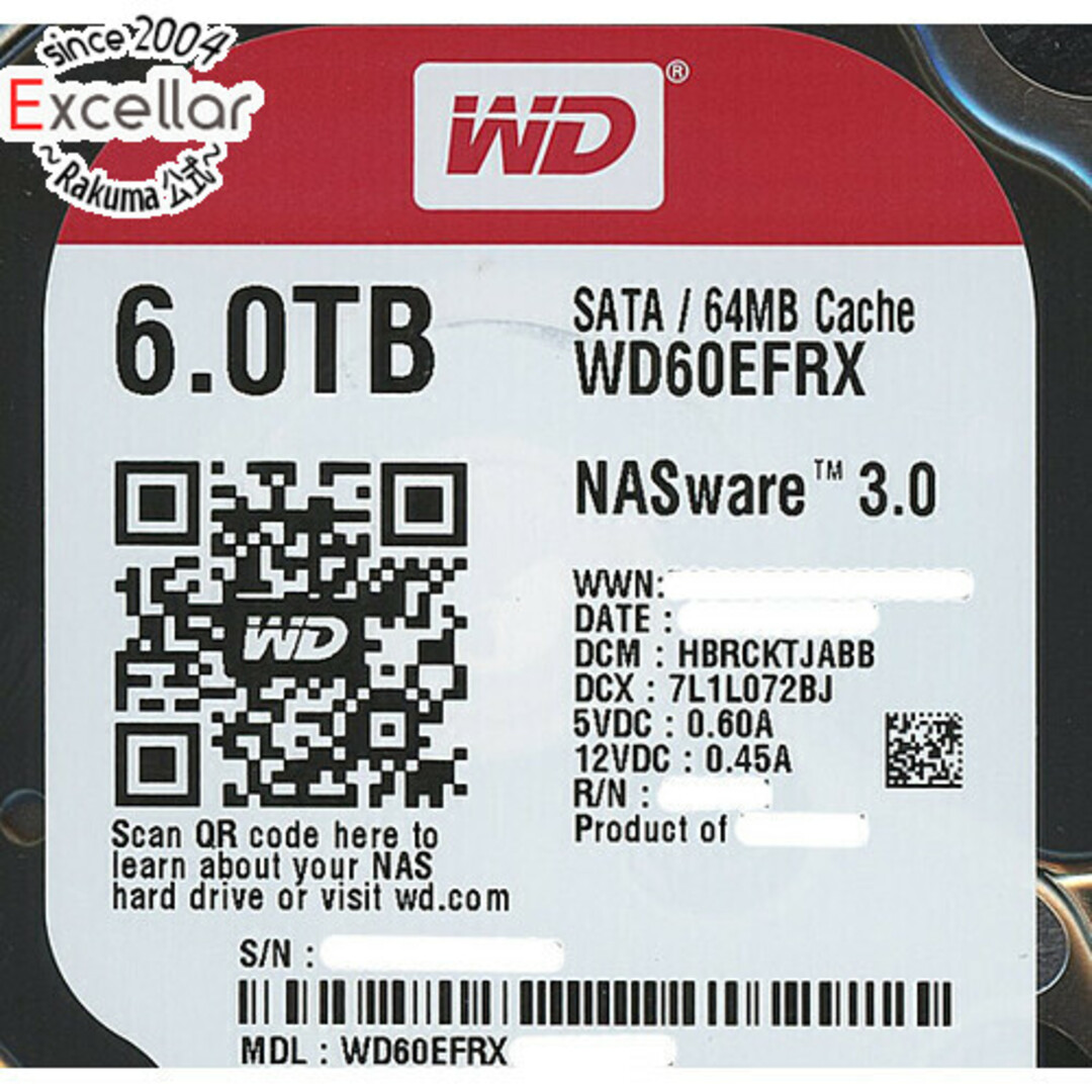Western Digital製HDD　WD60EFRX　6TB SATA600　5000～6000時間以内使用時間