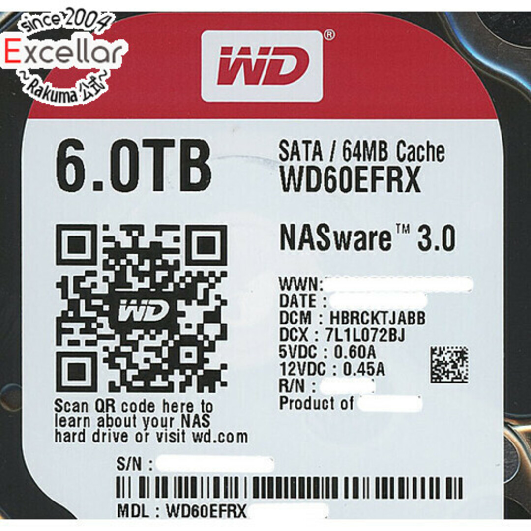 Western Digital製HDD　WD60EFRX　6TB SATA600　500～1000時間以内仕様