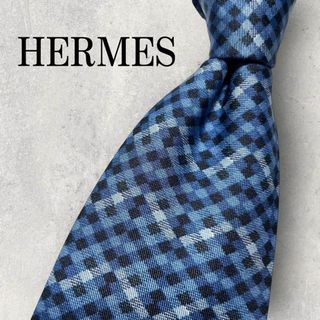 エルメス(Hermes)の美品 HERMES エルメス ギンガムチェック 格子柄 ネクタイ ブルー 青(ネクタイ)