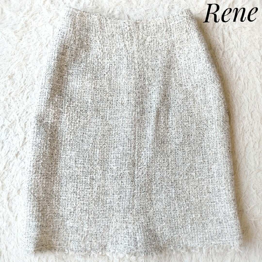 René(ルネ)の【ルネ】Rene ツイードスカート 36 ひざ丈 白 グレー レディースのスカート(ひざ丈スカート)の商品写真