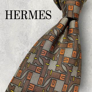 エルメスHERMESメンズネクタイブラウン茶系ブルー青シルクスーツカーキ