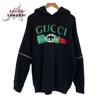 グッチ(Gucci)の美品 GUCCI グッチ 23SS リップスティック プリント ロゴ サイズM ブラック 黒 グリーン 緑 コットン 743404XJFIX パーカー スウェット レディース 404480 【中古】(パーカー)