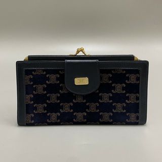 セリーヌ(celine)の美品 CELINE セリーヌ ヴィンテージ トリオンフ 金具 総柄 スウェード レザー がま口 長財布 ウォレット ブラック ブラウン 85491(財布)