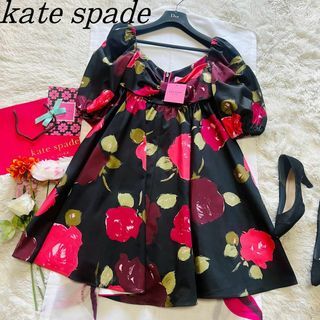 ケイトスペードニューヨーク(kate spade new york)の【未使用タグ付き】kate spade 花柄ワンピース 2 M ブラック 半袖(ひざ丈ワンピース)