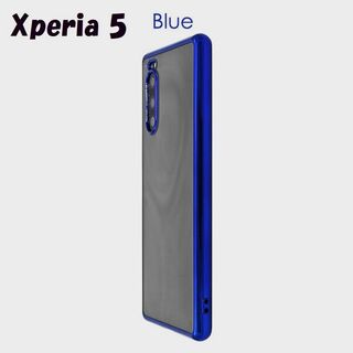 エクスペリア(Xperia)のXperia 5：メタリックバンパー 背面クリア ソフト ケース★ブルー 紺(Androidケース)