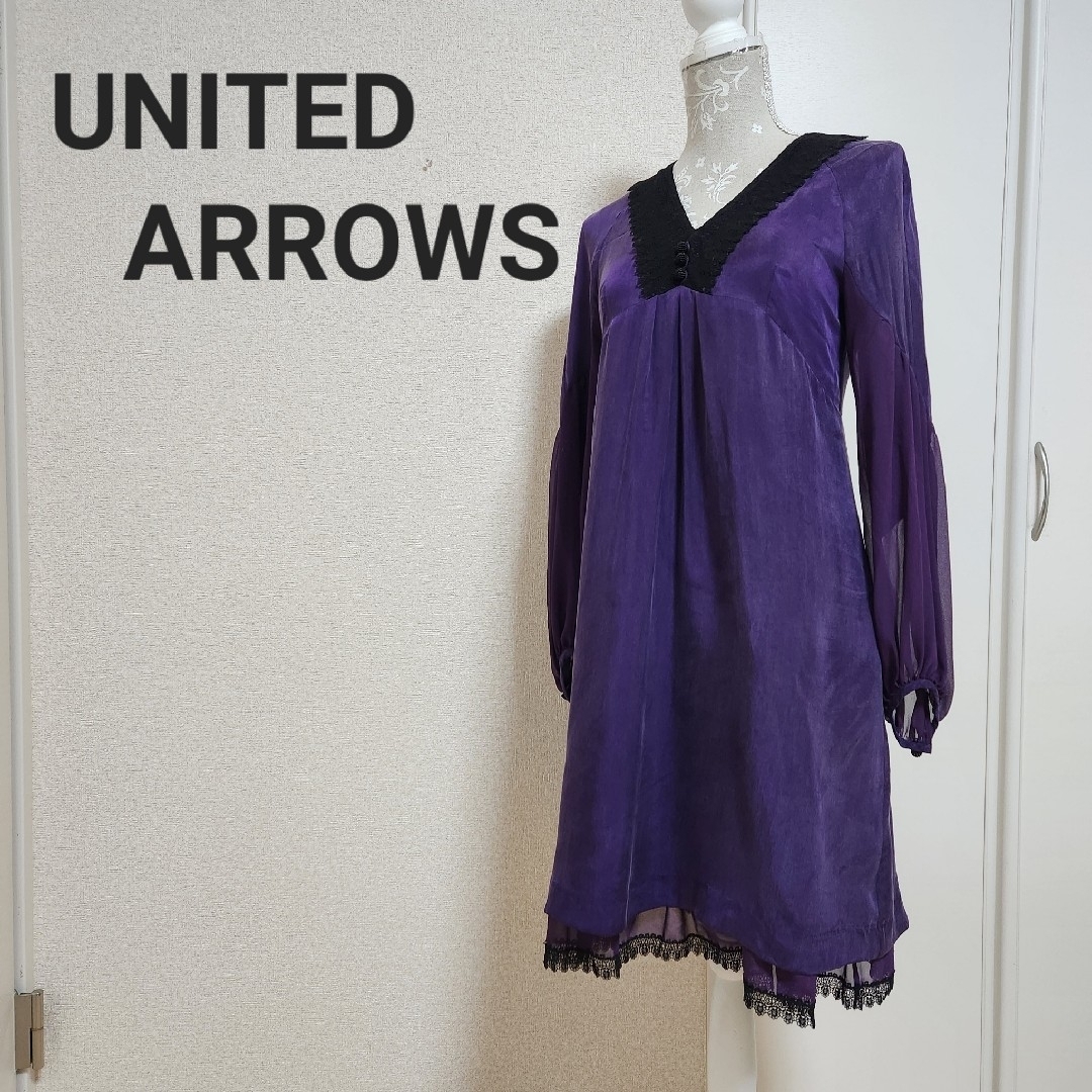 UNITED ARROWS(ユナイテッドアローズ)のシフォンスリーブ レース ワンピース ドレス レディースのフォーマル/ドレス(ミディアムドレス)の商品写真