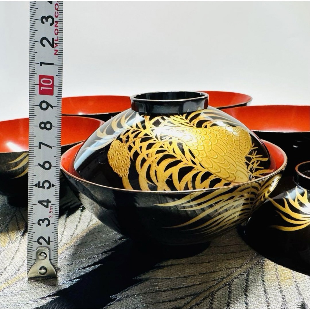 漆器輪島塗　蒔絵金彩細工　鶉絵　沈金木製　蓋付椀　お煮物椀　吸物椀　5客　骨董品 エンタメ/ホビーの美術品/アンティーク(漆芸)の商品写真