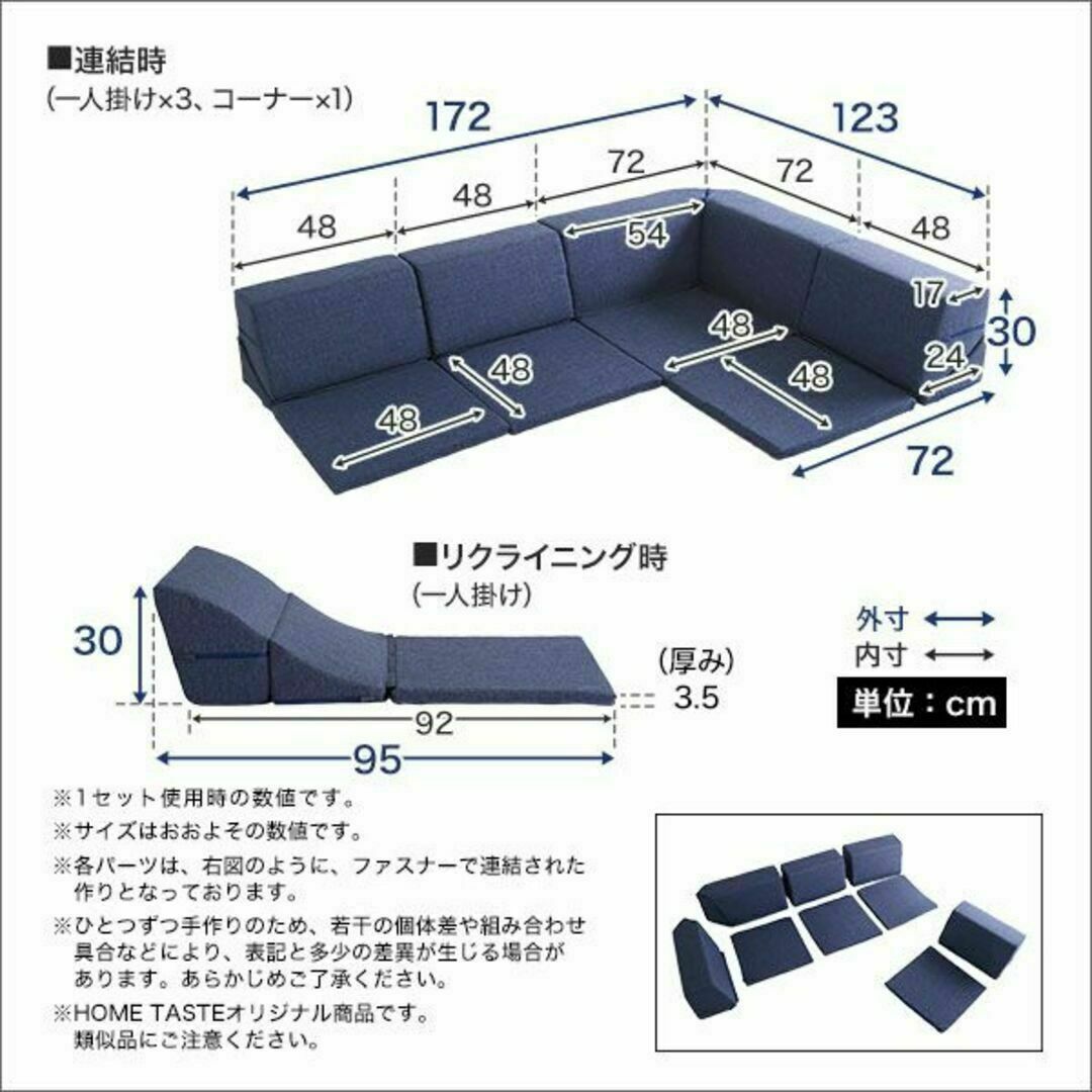 組み合わせ自由 日本製　コーナーローソファ フロアタイプ 【リナム- 2SET】 インテリア/住まい/日用品のソファ/ソファベッド(ローソファ/フロアソファ)の商品写真