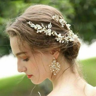 ☆2点セットヘッドドレス&イヤリング(ピアス)ウェディング結婚式ゴールド(ウェディングドレス)