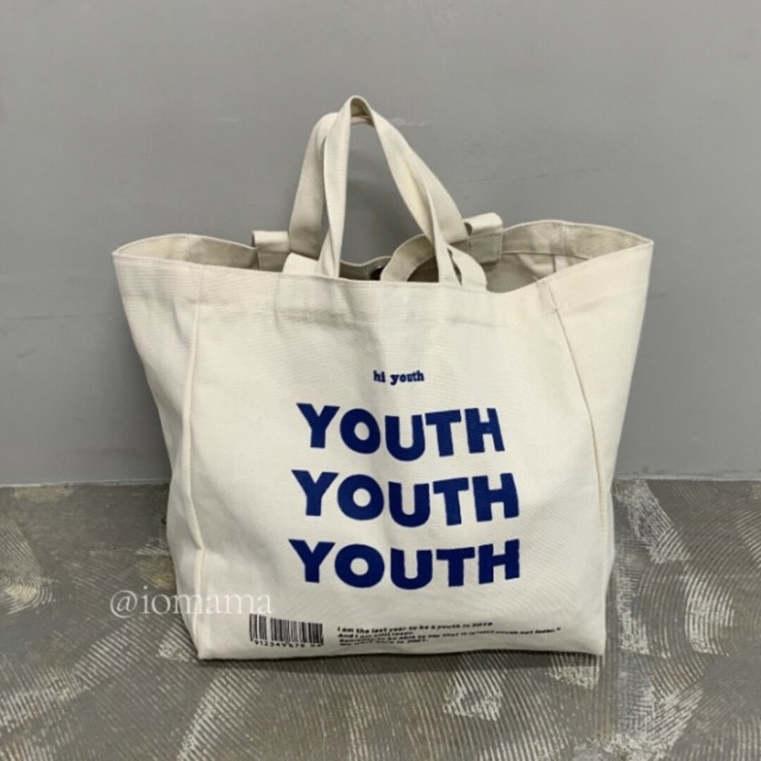 youth ロゴ キャンバストート 帆布 きなり 綺麗 美品 大容量 安い 青 レディースのバッグ(トートバッグ)の商品写真