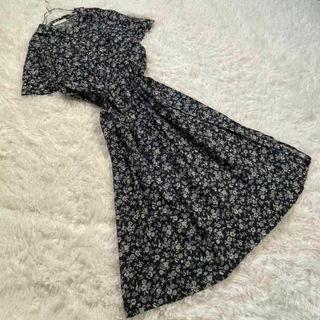 home working (F) コットン 総柄 花柄 ロングワンピース 白 紺(ロングワンピース/マキシワンピース)