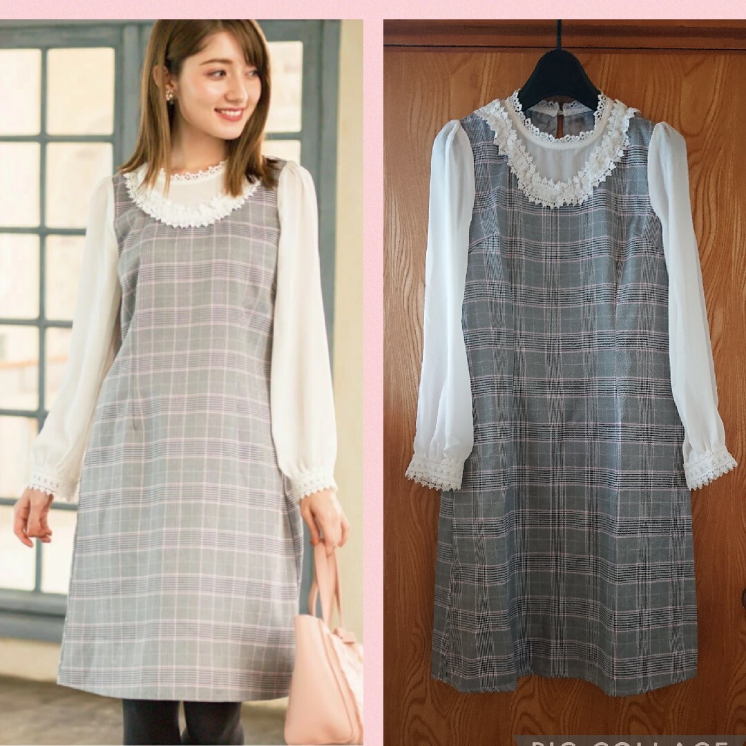 TOCCO closet(トッコクローゼット)のトッコクローゼット レースつき袖透け×グレンチェック柄ドッキングワンピース レディースのワンピース(ひざ丈ワンピース)の商品写真