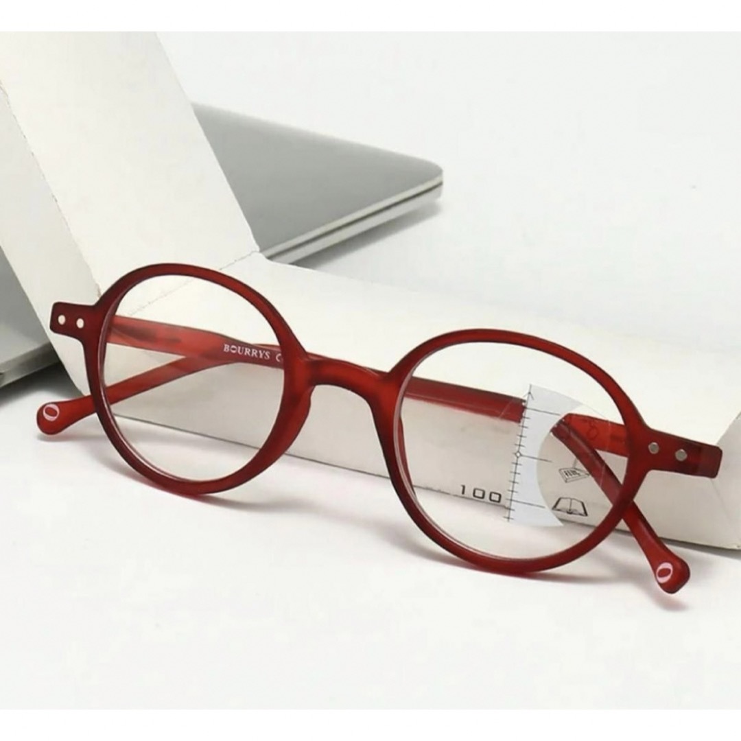 老眼鏡遠近両用レッド＋1.5多焦点レンズシニアグラス昭和レトロ丸メガネ高品質 レディースのファッション小物(サングラス/メガネ)の商品写真
