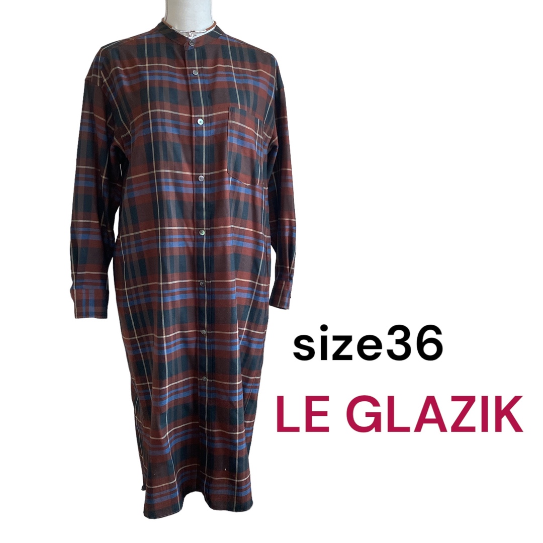 LE GLAZIK(ルグラジック)の美品ルグラジック　ウール混　チェック柄 ロングシャツワンピース サイズ36、S レディースのワンピース(ロングワンピース/マキシワンピース)の商品写真