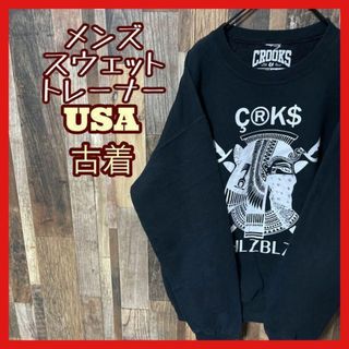 プリント ブラック メンズ M トレーナー USA古着 90s 長袖 スウェット(スウェット)