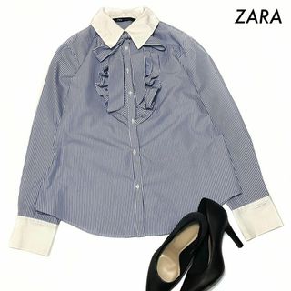 ザラ(ZARA)のZARA ザラ★ストライプ柄 長袖ブラウス フリルリボン付き ブルー 青(シャツ/ブラウス(長袖/七分))