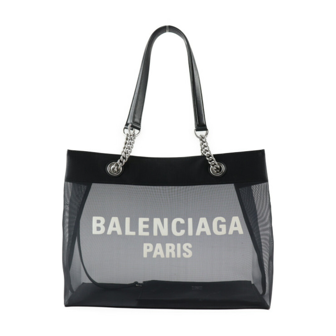 BALENCIAGA バレンシアガ  デューティーフリー トートバッグ 741602   メッシュ×レザー ブラック シルバー金具  ショルダーバッグ ロゴ ポーチ付き 【本物保証】中古内側