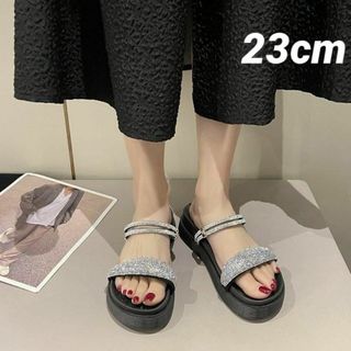 23cm 厚底 フラット サンダル ラインストーン ブラック 442Y(サンダル)