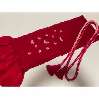 【O-539】″総絞り 刺繍 蝶々 紅赤■帯締め帯揚げセット■送料無料■成人式(和装小物)