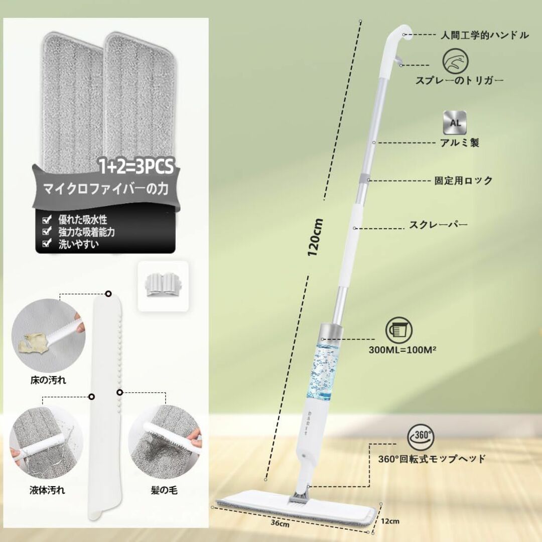 スプレーモップ水拭き 4枚 交換用パッド 360回転 乾湿両用