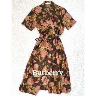 バーバリー(BURBERRY)のバーバリーズ 【希少】花柄ロングワンピース 総柄 半袖 麻　リネン　レトロ古着(ロングワンピース/マキシワンピース)