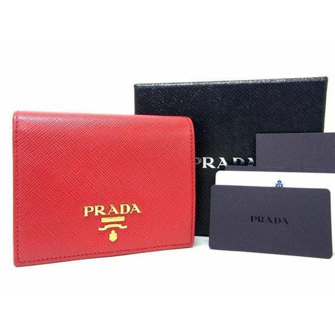 サフィアーノレザーサイズ■極美品■ PRADA プラダ 1MV204 サフィアーノレザー 二つ折り 財布 ウォレット レディース レッド系 AX0155