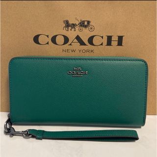 コーチ(COACH)の新品　COACH 長財布　グリーン　ワンポイント　ラウンドファスナー　小銭入れ有(財布)