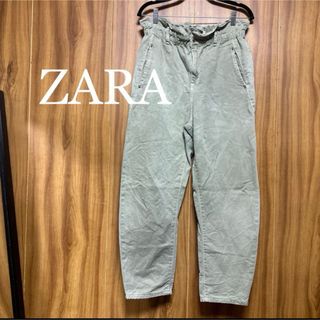 ザラ(ZARA)の穴あき リメイク用 ZARA ハイウエスト フリルパンツ 淡カーキ(デニム/ジーンズ)