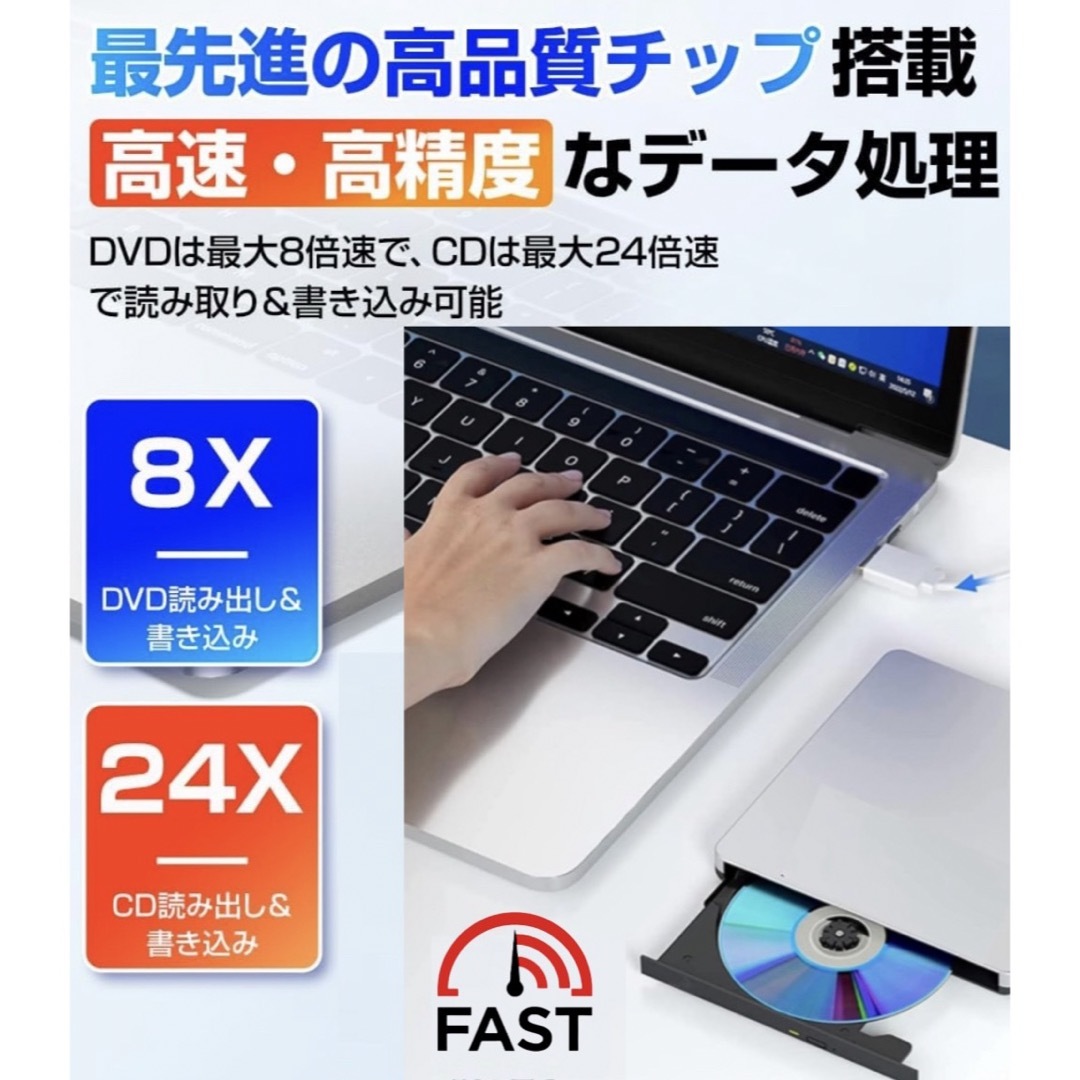 外付けCD/DVDドライブUSB3.0 ポータブルcdプレーヤー＋type c付 スマホ/家電/カメラのテレビ/映像機器(DVDプレーヤー)の商品写真