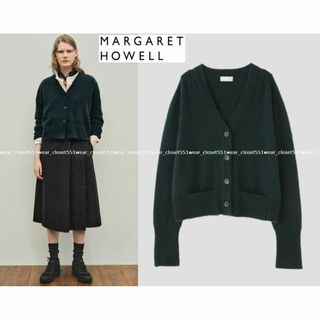 マーガレットハウエル(MARGARET HOWELL)の2021 美品マーガレットハウエル☆カシミヤウールVネックカーディガン2グリーン(カーディガン)