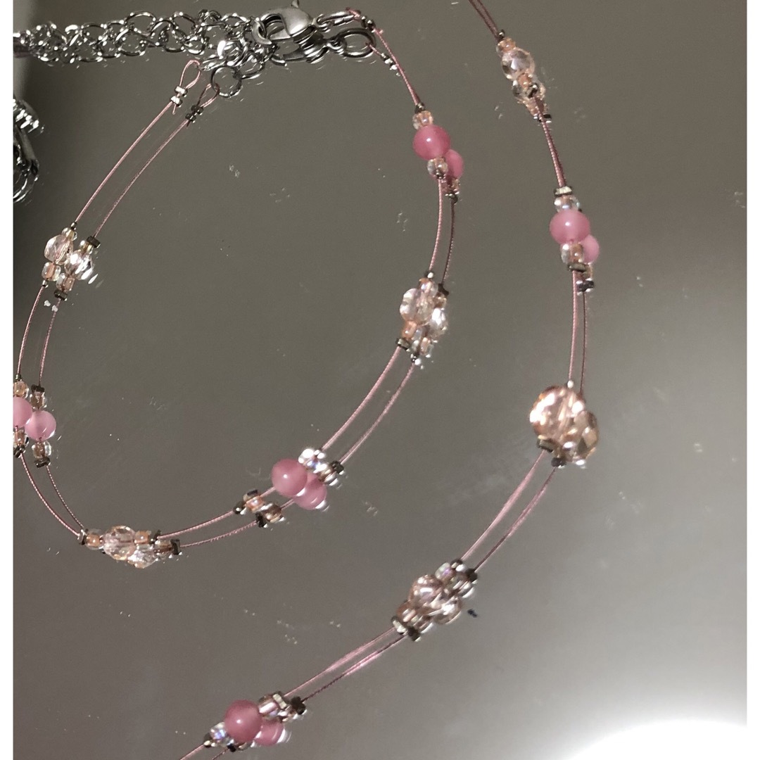 ピンクワイヤーネックレス&ブレスレット&イヤリング660 ハンドメイドのアクセサリー(ネックレス)の商品写真