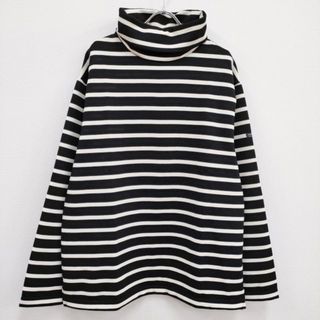 OUTIL TRICOT IBOS ボーダー タートルネック ウールアクリル ワイド 長袖Ｔシャツ カットソー ロンＴ ブラック ホワイト ウティ【中古】4-0108T♪(カットソー(長袖/七分))