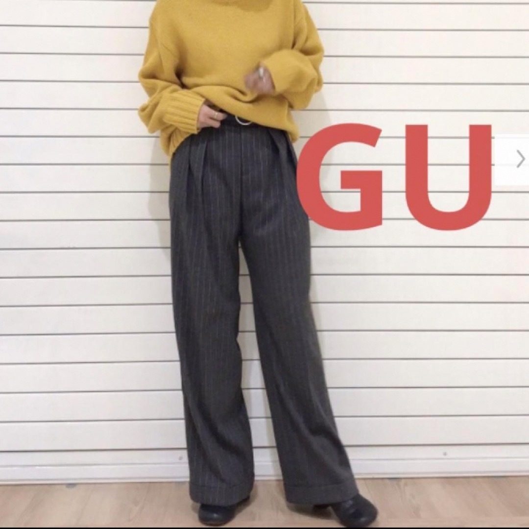 GU(ジーユー)のジーユー　GU インタックワイドパンツ　グレー　ストライプ　M レディースのパンツ(カジュアルパンツ)の商品写真