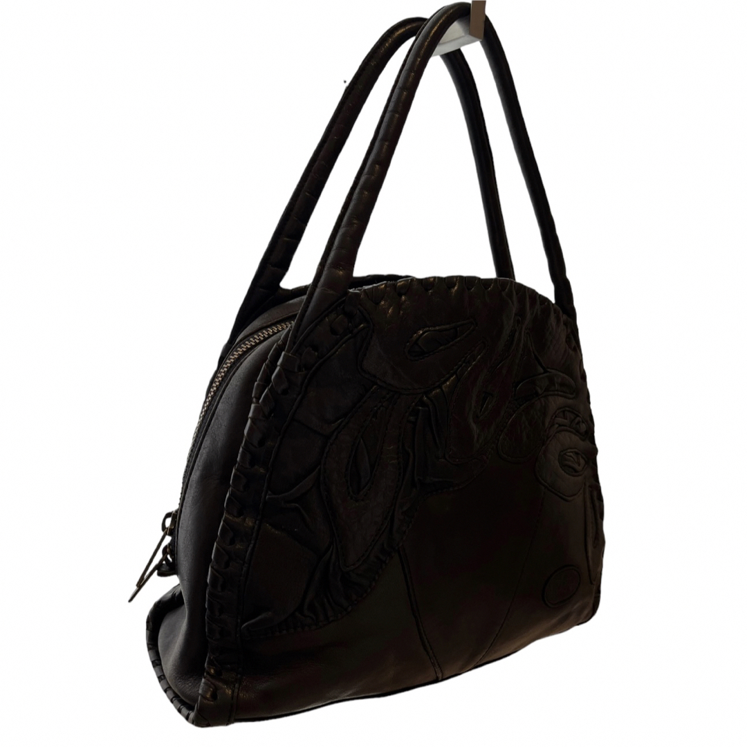 IBIZA(イビザ)のIBIZA イビザ　レザー　ハンドバッグ　本革　レトロ　ブラック　花柄　美品 レディースのバッグ(ハンドバッグ)の商品写真