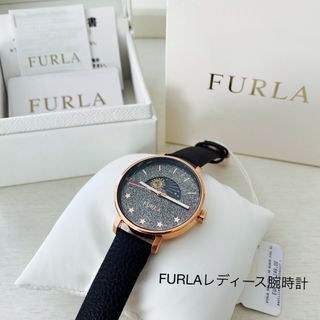 フルラ(Furla)のFURLAレディース腕時計　ブラックレザー/ピンクゴールド　新品(腕時計)