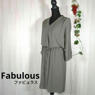 ファビュラスアンジェラ(Fabulous Angela)の【ファビュラス】ウエスト絞りワンピース　Ｖネック　ひざ丈　長袖　キレイめ　Ｆ(ひざ丈ワンピース)