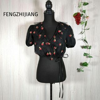 【FENGZHIJIANG】刺繍チュールレース　トップス　ブラウス　ショート丈(シャツ/ブラウス(半袖/袖なし))