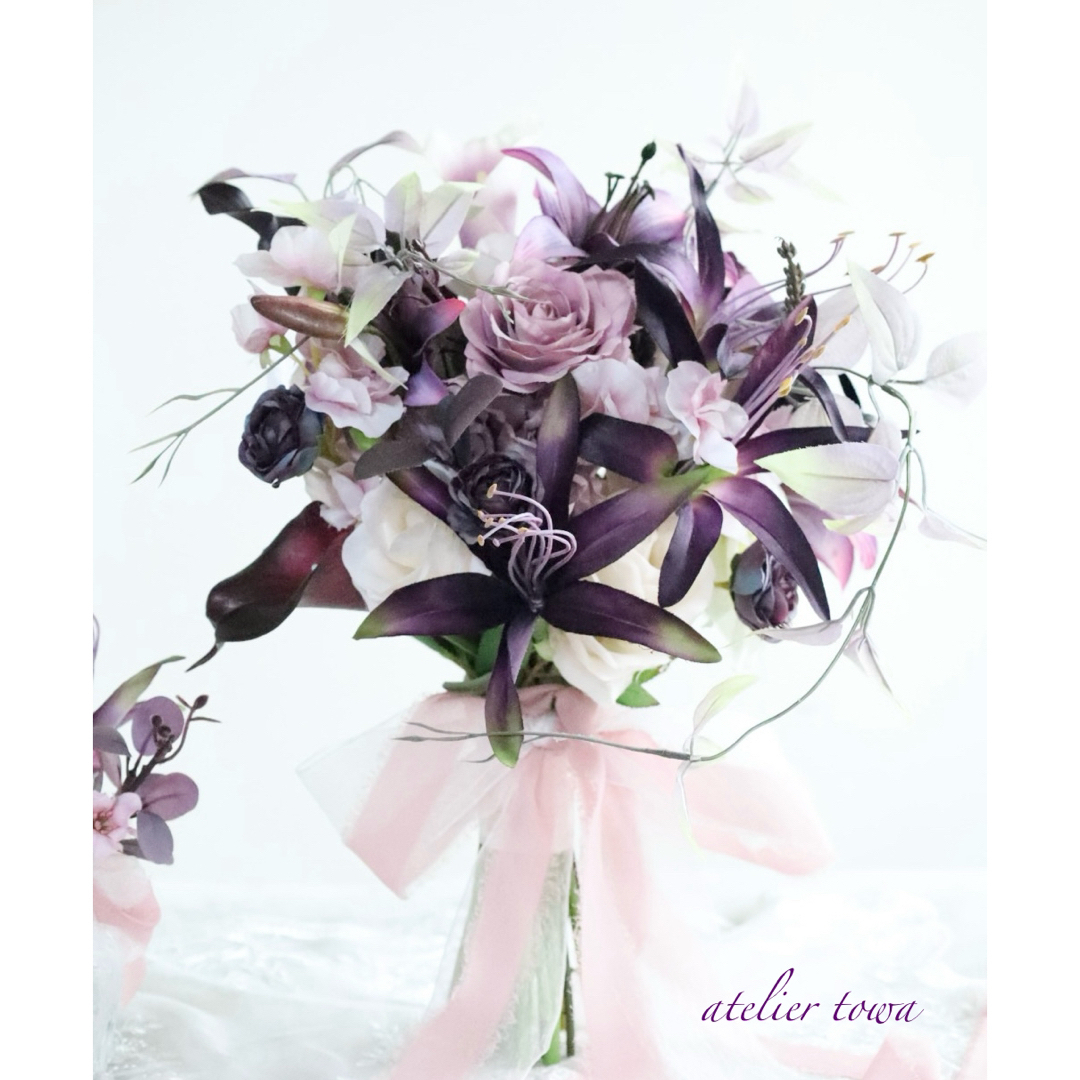 紫百合と薔薇のモイストブーケ　ウェディングブーケ　ブートニアセット ハンドメイドのウェディング(ブーケ)の商品写真
