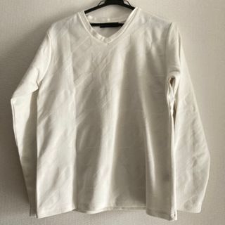 ナノユニバース　メンズ　カットソー　ホワイト　白　S 長袖　Vネック　千鳥格子(Tシャツ/カットソー(七分/長袖))