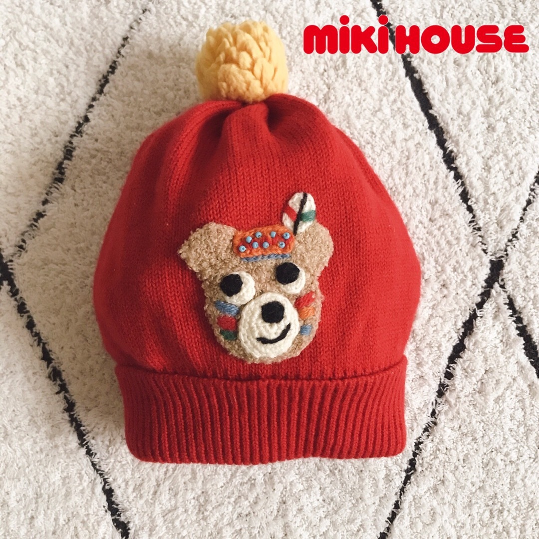 mikihouse(ミキハウス)の美品 ミキハウス レトロ インディアン 立体 くま ニット キャップ 帽子 レア キッズ/ベビー/マタニティのこども用ファッション小物(帽子)の商品写真