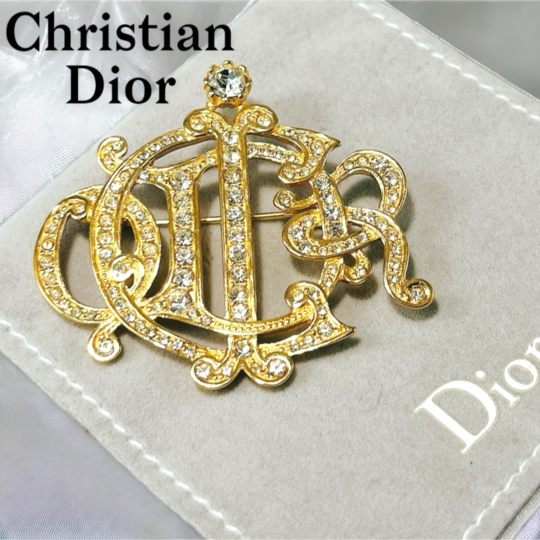 極美品】Christian Dior ブローチ エンブレムロゴ ラインストーンみー