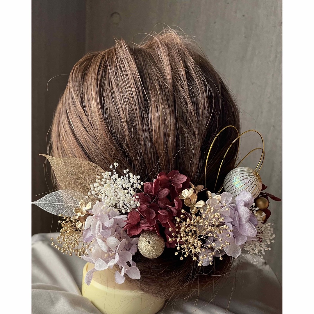 ドライフラワー髪飾り♡前撮り　成人式　結婚式　和装　振袖　　袴　パープル系 レディースのヘアアクセサリー(ヘアピン)の商品写真
