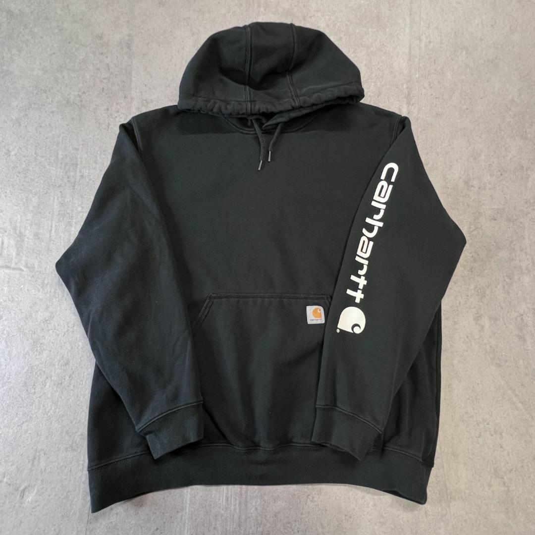 carhartt(カーハート)のCarhartt　袖プリント　ブランドロゴ　パーカー　古着　ブラック　黒　XL メンズのトップス(パーカー)の商品写真