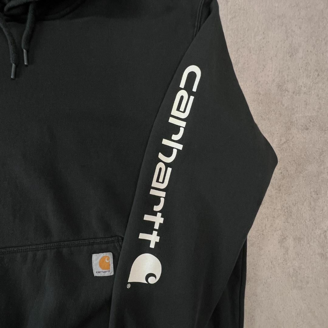 carhartt(カーハート)のCarhartt　袖プリント　ブランドロゴ　パーカー　古着　ブラック　黒　XL メンズのトップス(パーカー)の商品写真