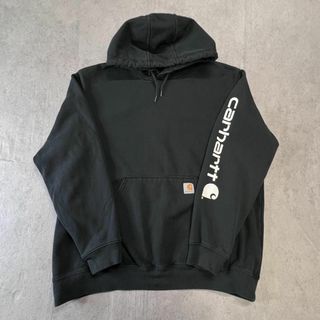 カーハート(carhartt)のCarhartt　袖プリント　ブランドロゴ　パーカー　古着　ブラック　黒　XL(パーカー)