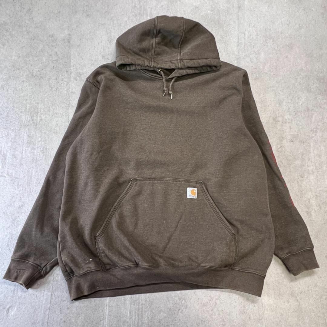 carhartt(カーハート)のCarhartt　袖プリント　パーカー　ブランドロゴ　古着　ブラウン　XL メンズのトップス(パーカー)の商品写真